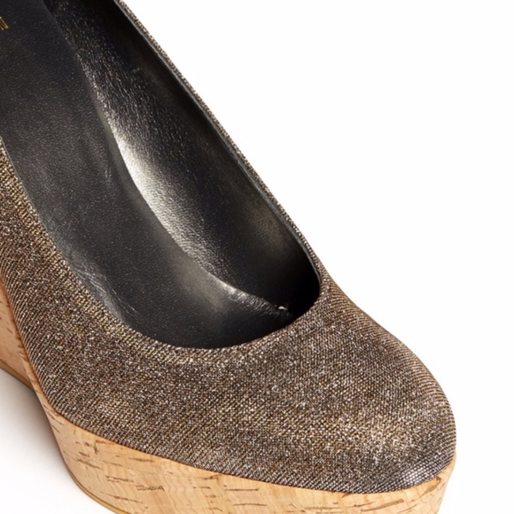 Stuart Weitzman "Corkswoon" Pyrite Cork Wedges Silver and Cork Size 6 with Box - Picture 3 of 11